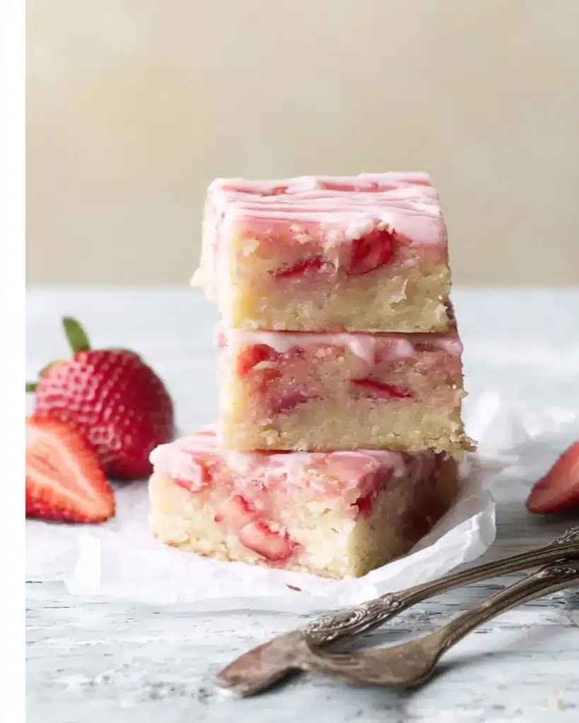 Stack of strawberry lemon blondies with pink glaze, strawberries and forks on rustic table