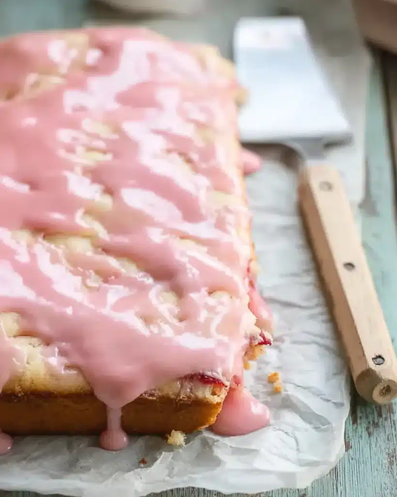 Glazed strawberry lemon blondies on parchment with spatula on rustic table