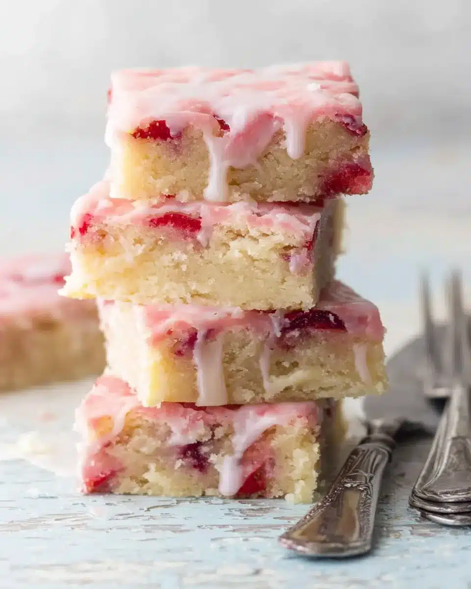 Stack of strawberry lemon blondies with pink glaze and fresh strawberries on rustic surface