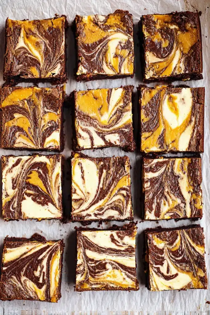 Pumpkin cheesecake brownies cut into squares on parchment paper with swirled chocolate and pumpkin layers