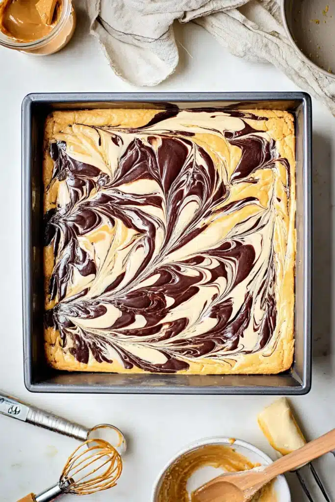 Unbaked pumpkin cheesecake brownie batter with dramatic chocolate and cream swirls in a baking pan"