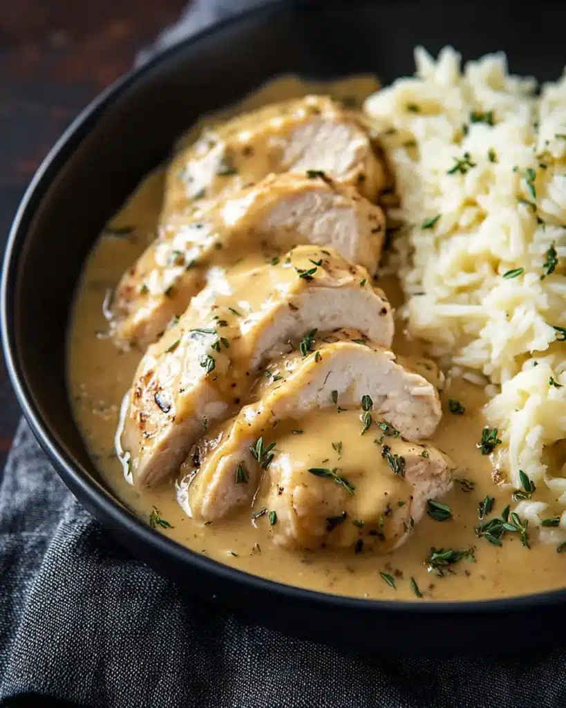 Slow Cooker Chicken and Gravy plated with mashed potatoes in a black bowl, topped with thyme
