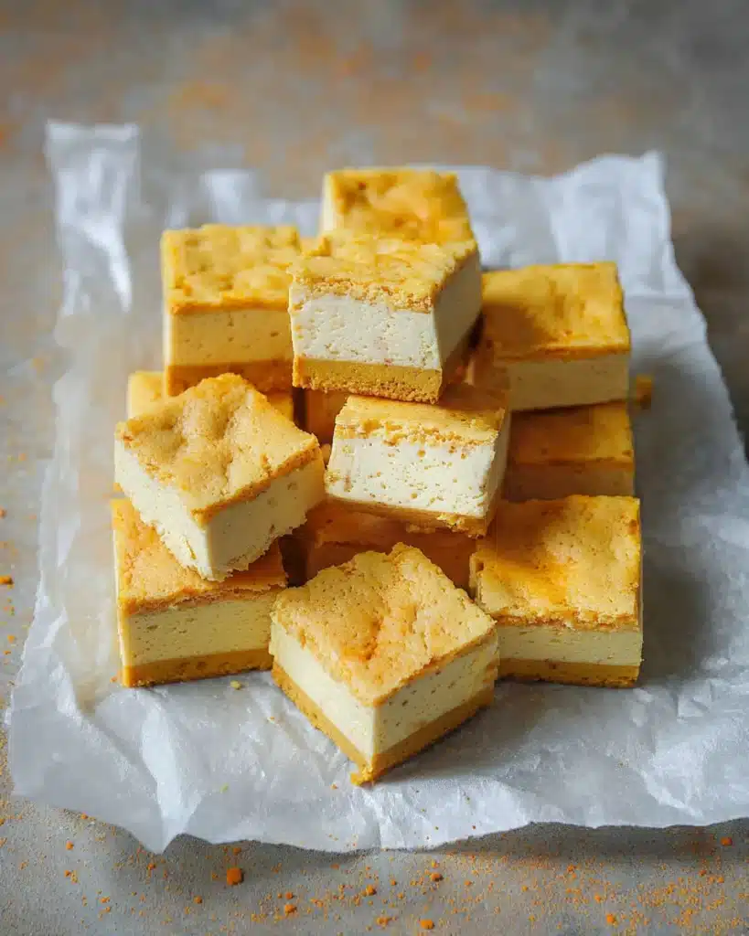 "Pumpkin magic custard cake squares with three distinct layers—fluffy sponge, creamy custard, and dense base—arranged on parchment paper"