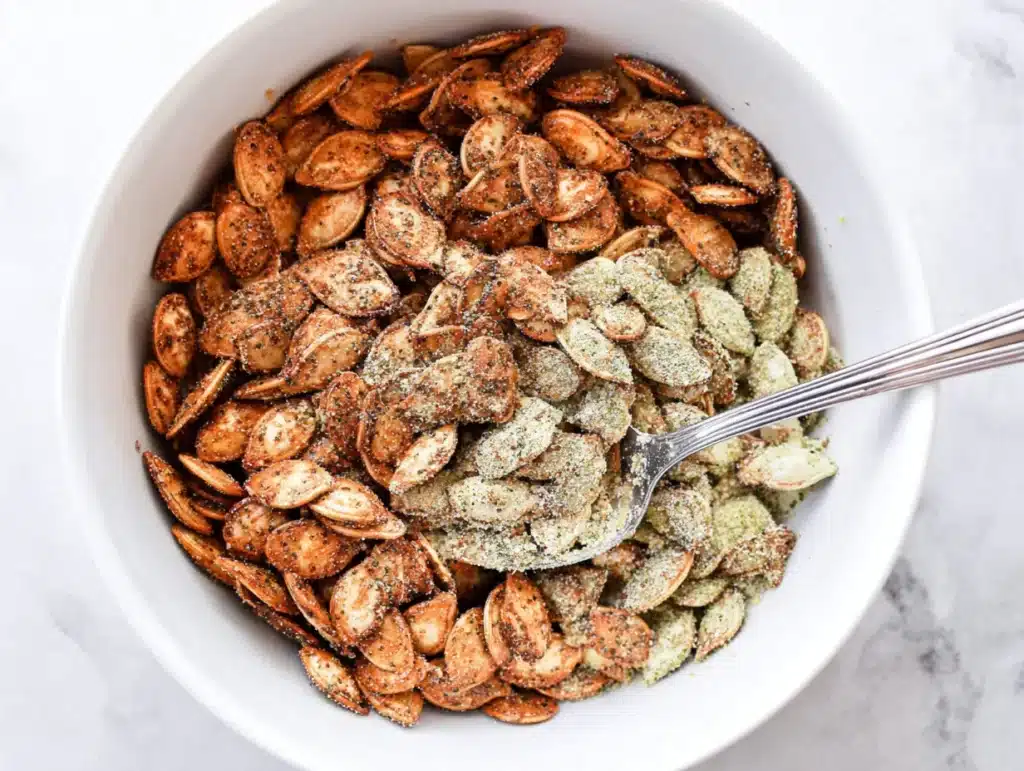 Roasted pumpkin seeds coated in ranch seasoning in a white bowl with a spoon