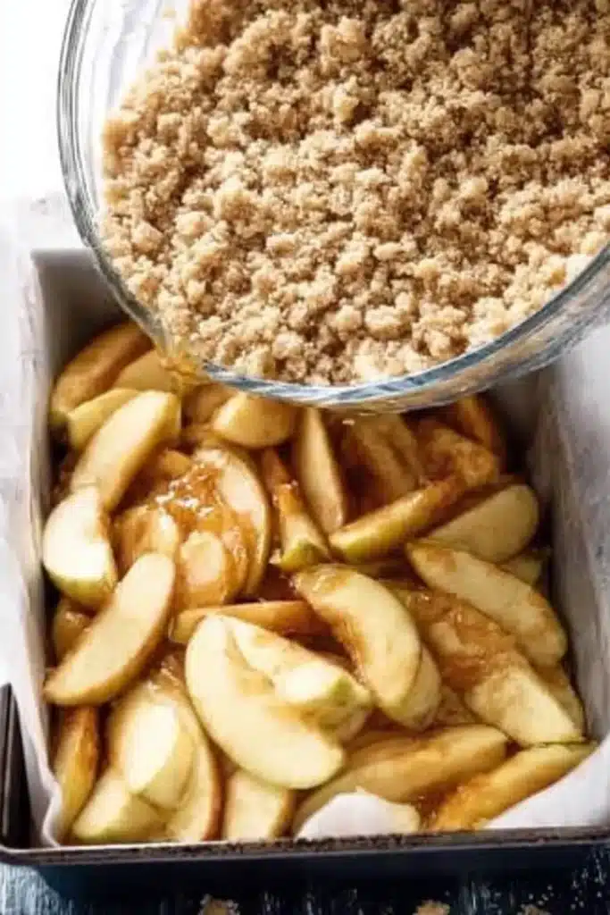 Ultimate Apple Crisp preparation showing crumble topping being poured over cinnamon apple slices in baking pan