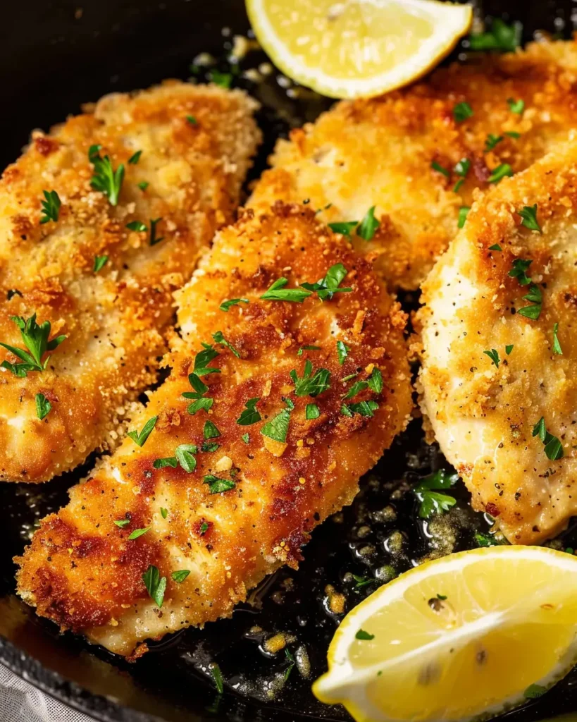 Close-up of golden Parmesan crusted chicken cutlets with crispy panko crust and lemon