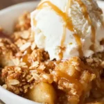 Warm apple crisp dessert topped with vanilla ice cream and caramel drizzle in a white bowl, showcasing crispy oat crumble and tender cinnamon-spiced apples.