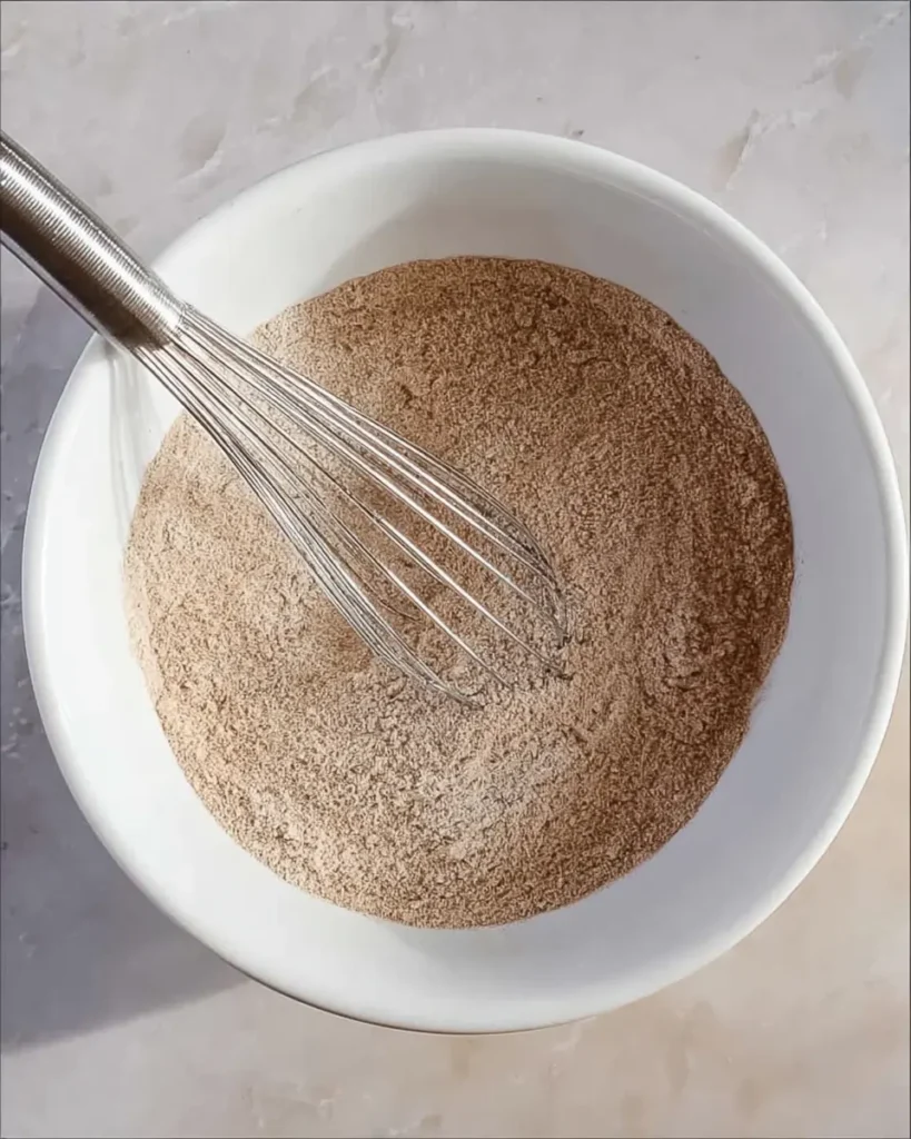 Top-down view of whisked dry cupcake ingredients in a white bowl with a metal whisk