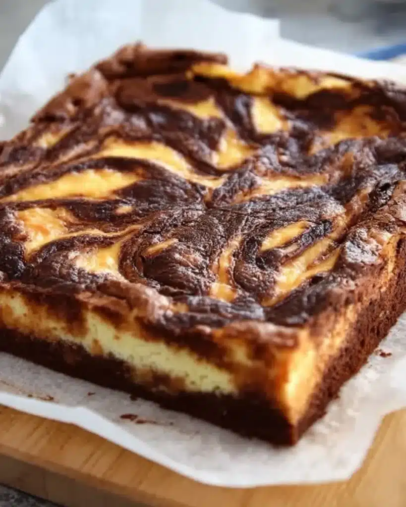 Whole uncut cheesecake brownie slab with swirled top on parchment paper and wooden board.