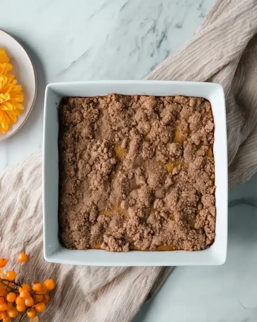 Top-down view of a full pumpkin coffee cake with cinnamon crumb topping in a white baking dish