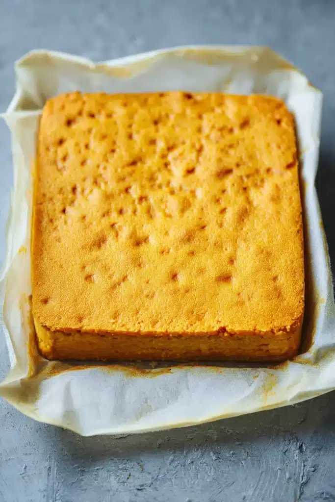 Freshly baked pumpkin magic custard cake resting on parchment before slicing
