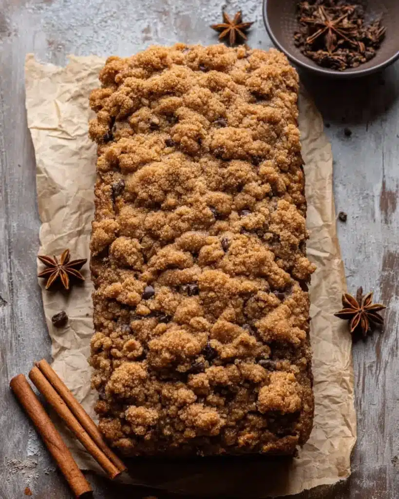 Whole pumpkin chocolate chip streusel bread loaf on parchment paper with cinnamon and star anise, rustic top-down view.