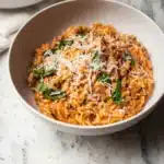 Creamy ground beef orzo pasta with tomato sauce, spinach, and Parmesan served in a ceramic bowl