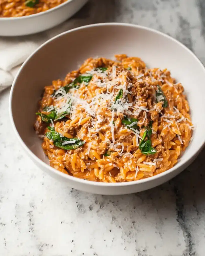 Creamy ground beef orzo pasta with tomato sauce, spinach, and Parmesan served in a ceramic bowl