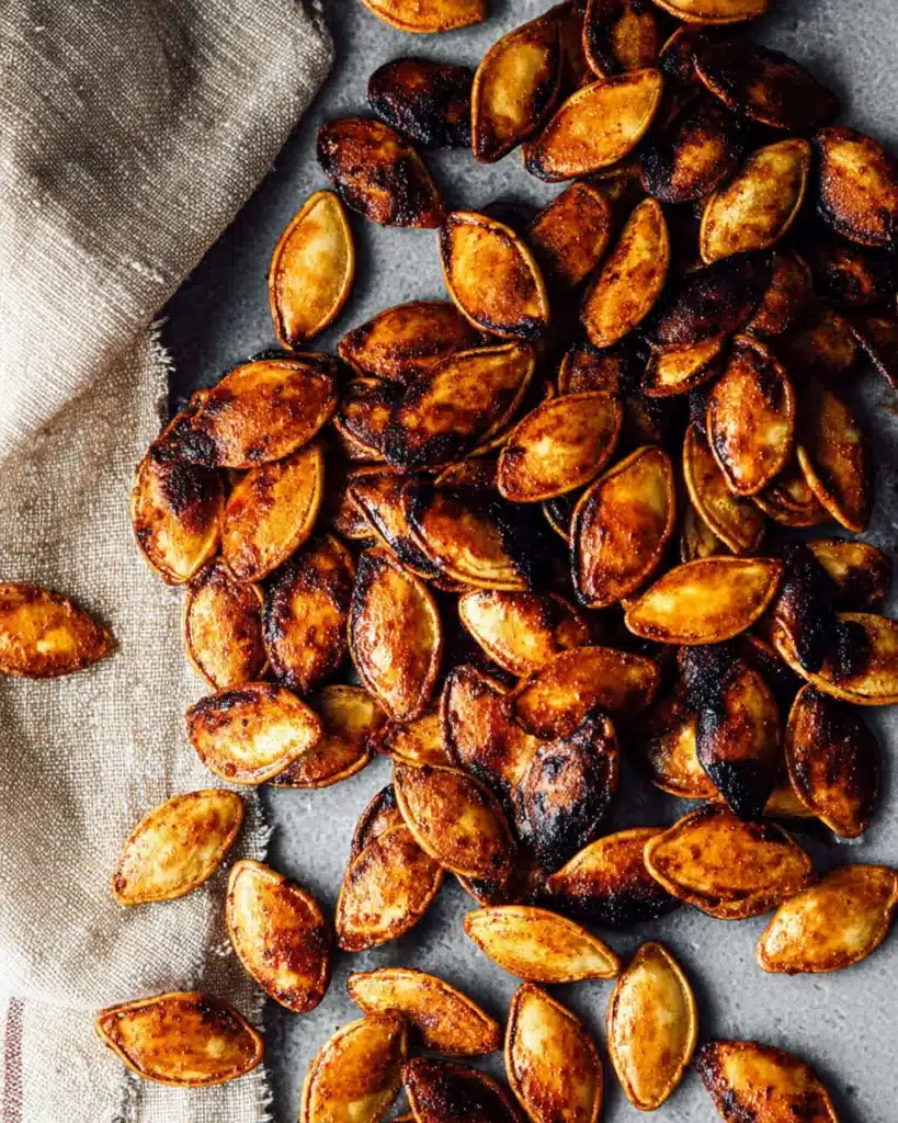 Air Fryer Pumpkin Seeds seasoned and served in a white bowl on counter"