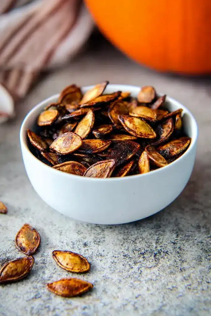 “Bowl of deeply roasted air fryer pumpkin seeds with dark caramelized edges on rustic background”