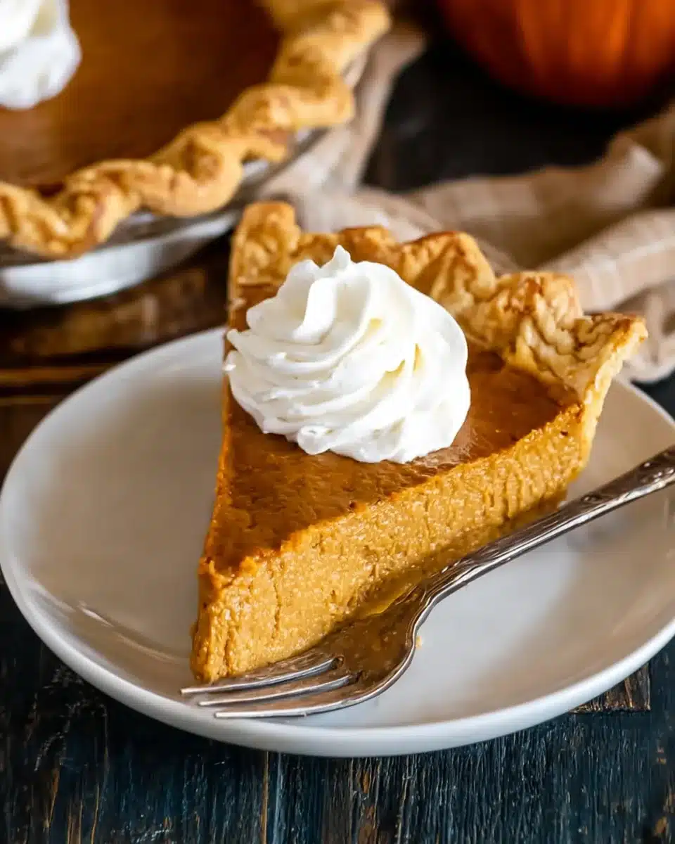 Slice of easy pumpkin pie with whipped cream on a plate with flaky crust and smooth filling.