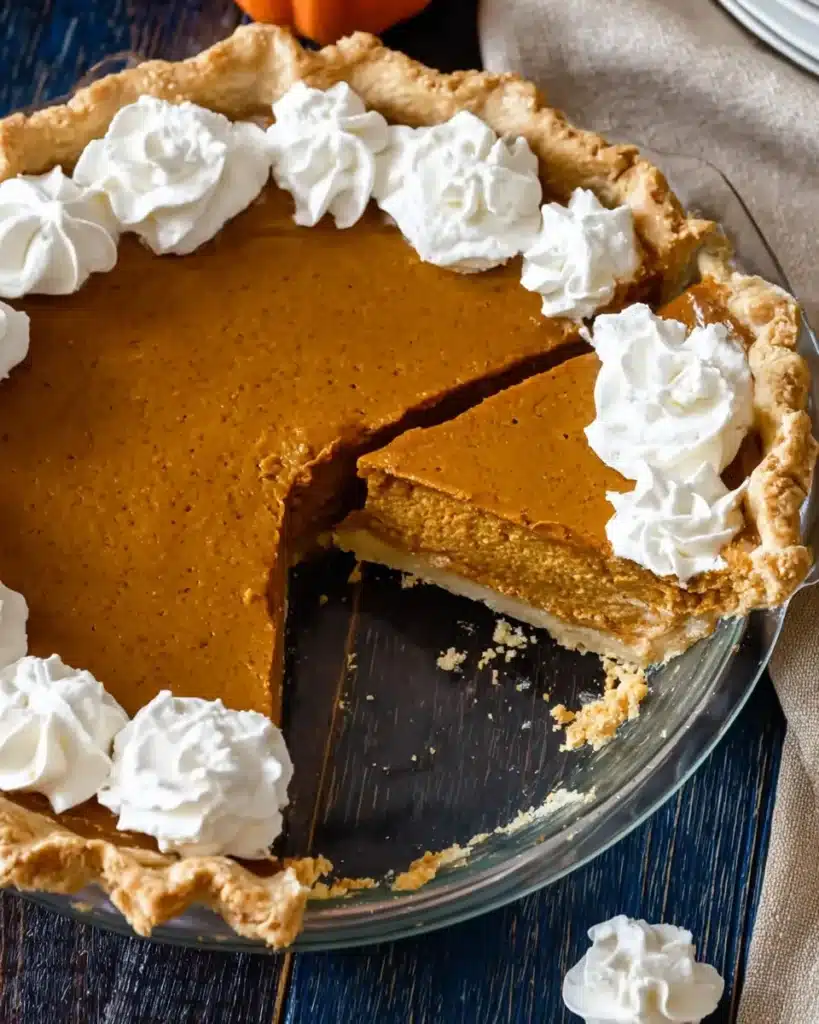 Pumpkin pie with one slice missing in a glass dish topped with whipped cream on a rustic table.