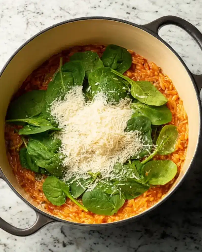 Fresh spinach and Parmesan added to creamy ground beef orzo in Dutch oven
