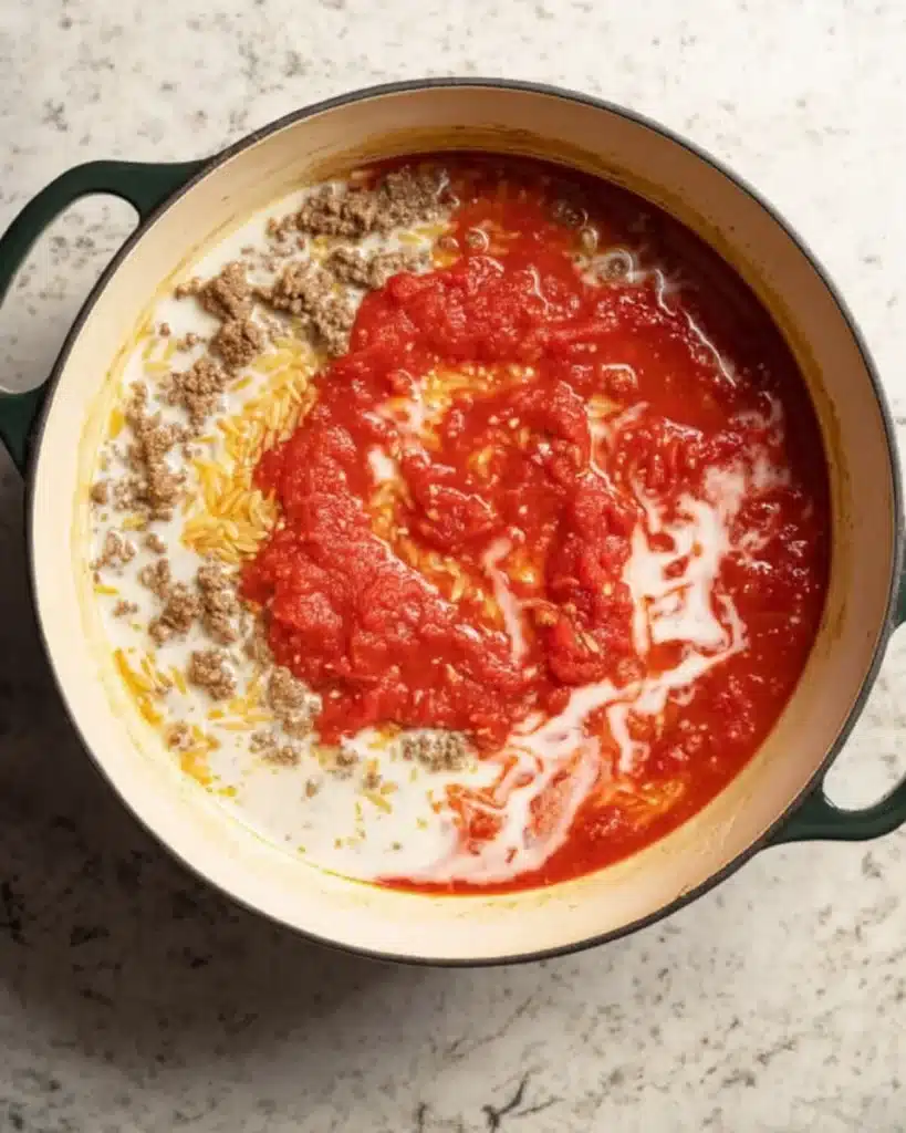Tomato sauce and cream added to Dutch oven with ground beef orzo