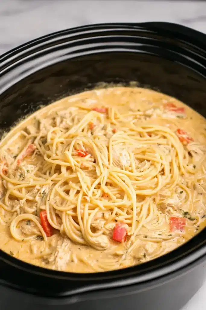 Creamy chicken spaghetti in a slow cooker with rich cheese sauce and red bell peppers