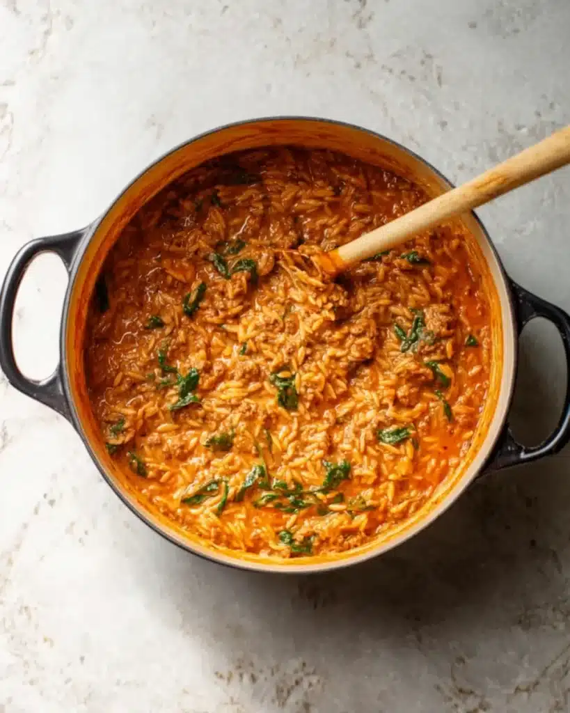 Creamy ground beef orzo in yellow Dutch oven with spinach and wooden spoon