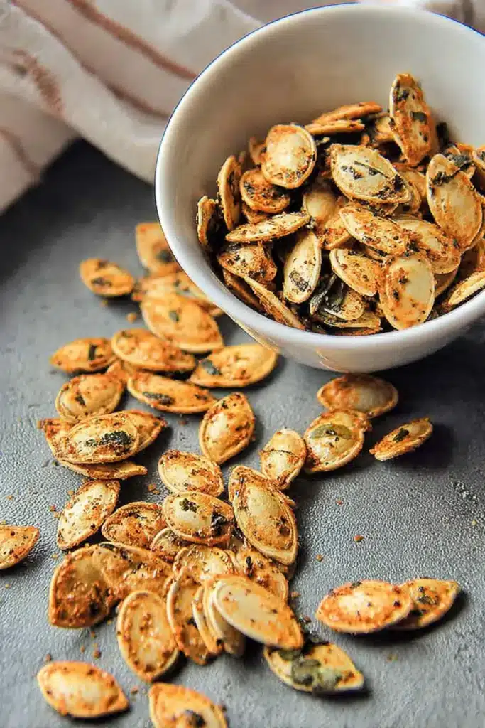 Air Fryer Pumpkin Seeds spilled from white bowl with herb seasoning on beige background”