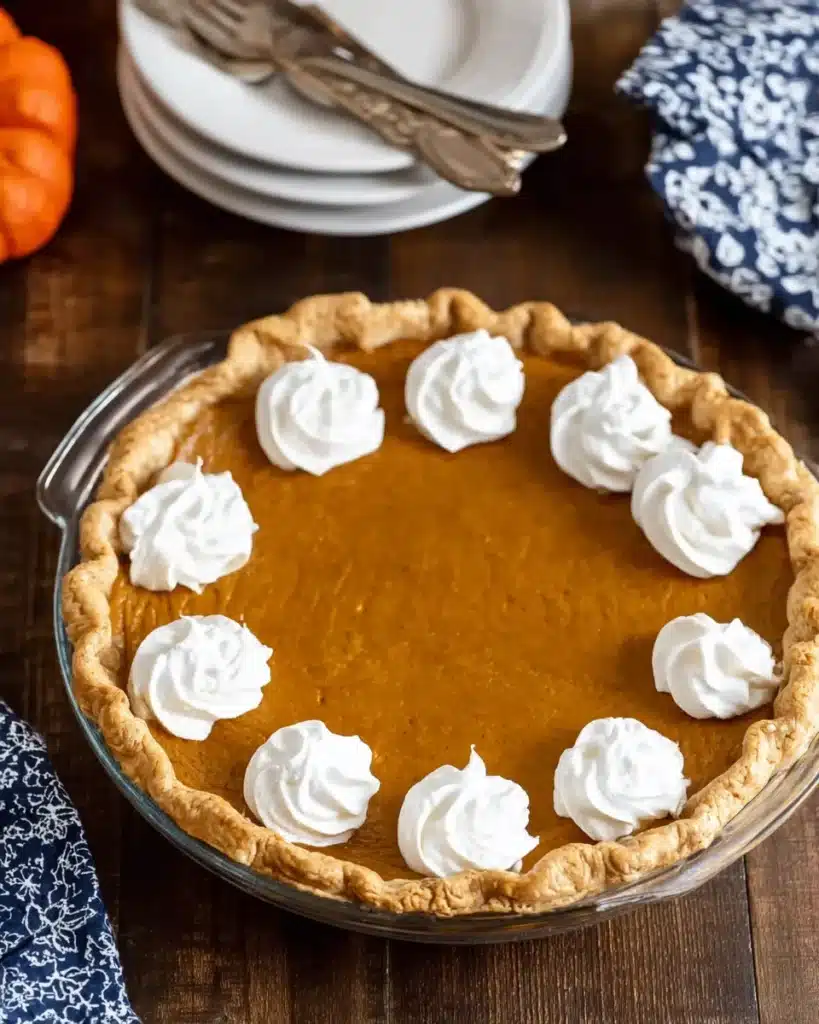 Whole pumpkin pie with whipped cream on top in a glass pie dish on a rustic table.