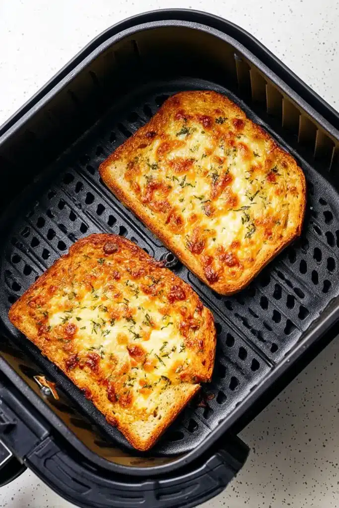 Golden egg and cheese toast cooked in air fryer basket with bubbly melted cheese