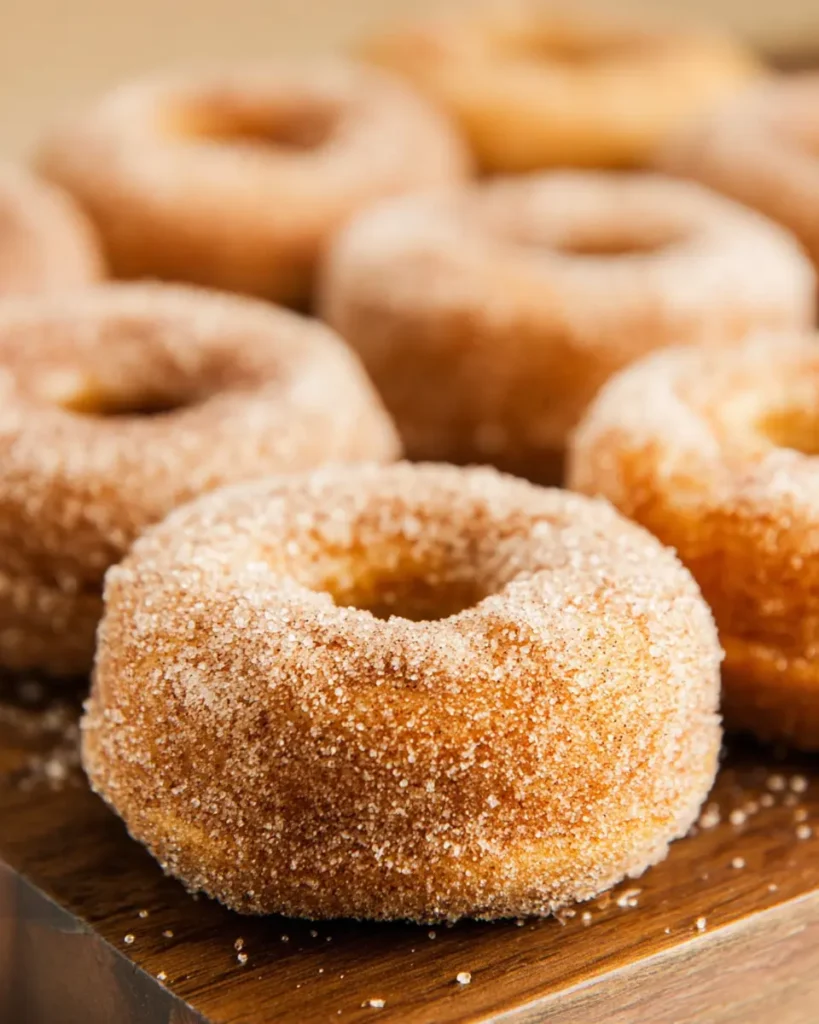 Baked pumpkin donuts coated in cinnamon sugar on a wooden board, showing soft texture and golden brown color.