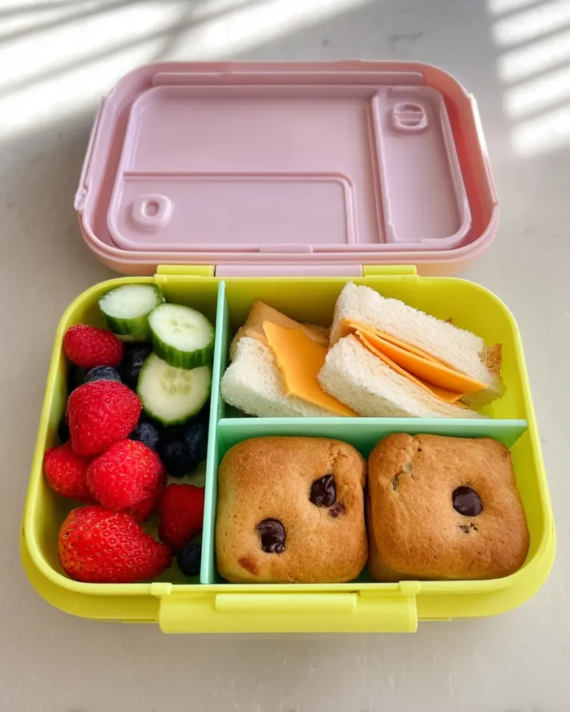 Colorful bento lunchbox with cucumber slices, fresh berries, cheese sandwiches, and mini chocolate chip banana breads.