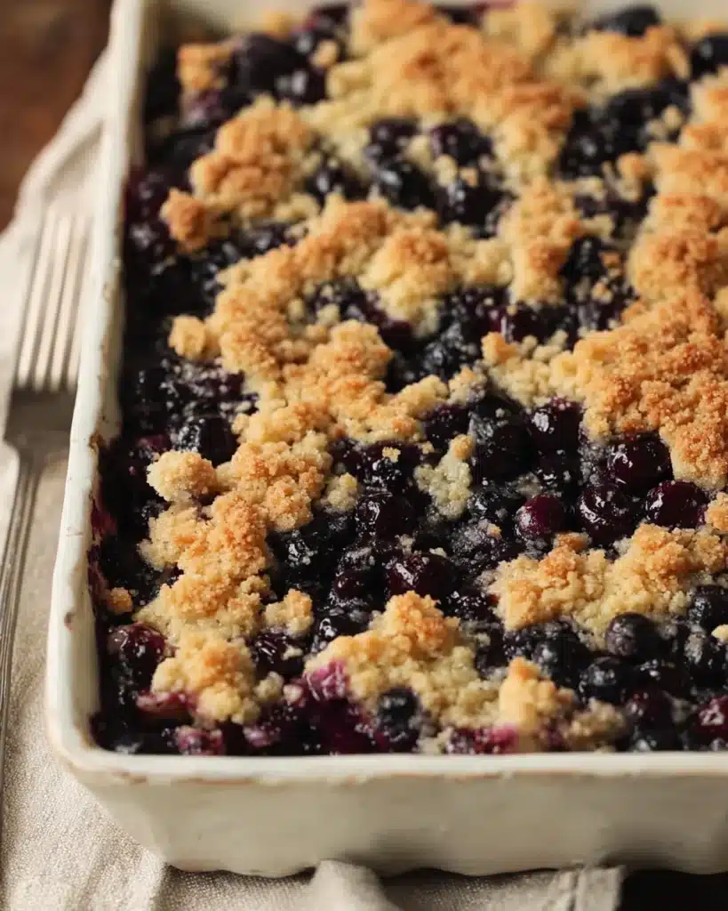 reshly baked blueberry crumb cake in a white dish