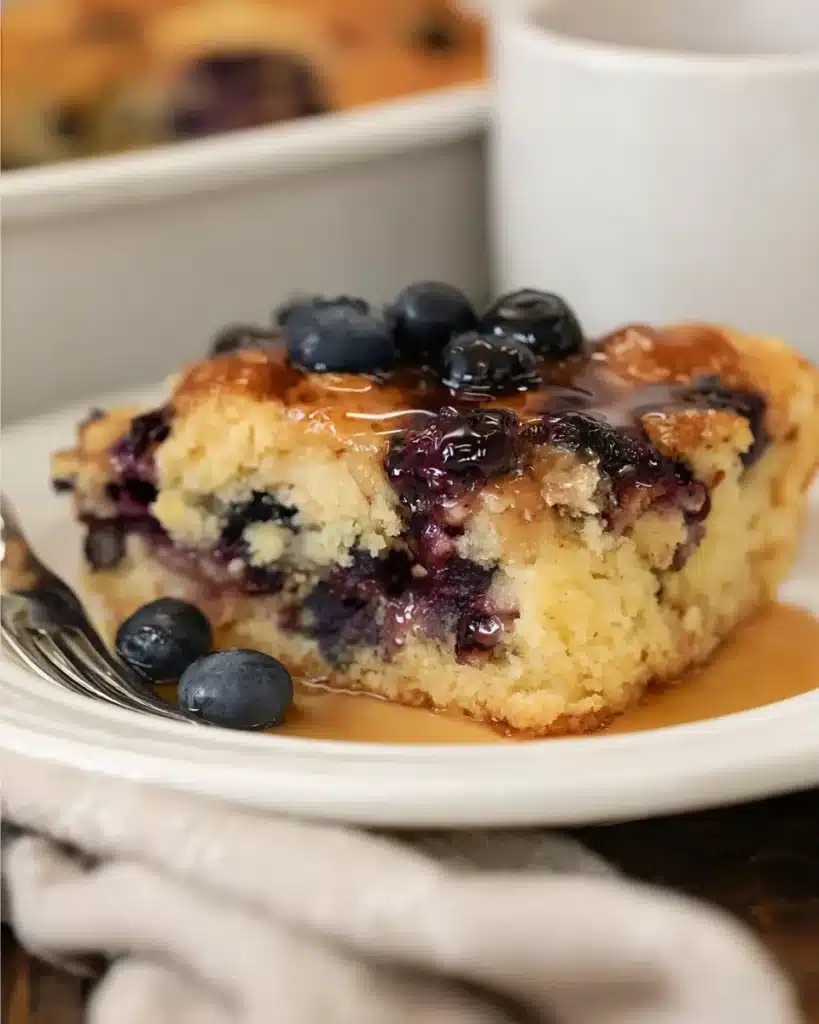 Slice of blueberry crumb cake served on a white plate