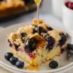 Slice of Blueberry Buttermilk Pancake Casserole with syrup drizzle on a ceramic plate, showing juicy blueberries and a golden crumb topping.