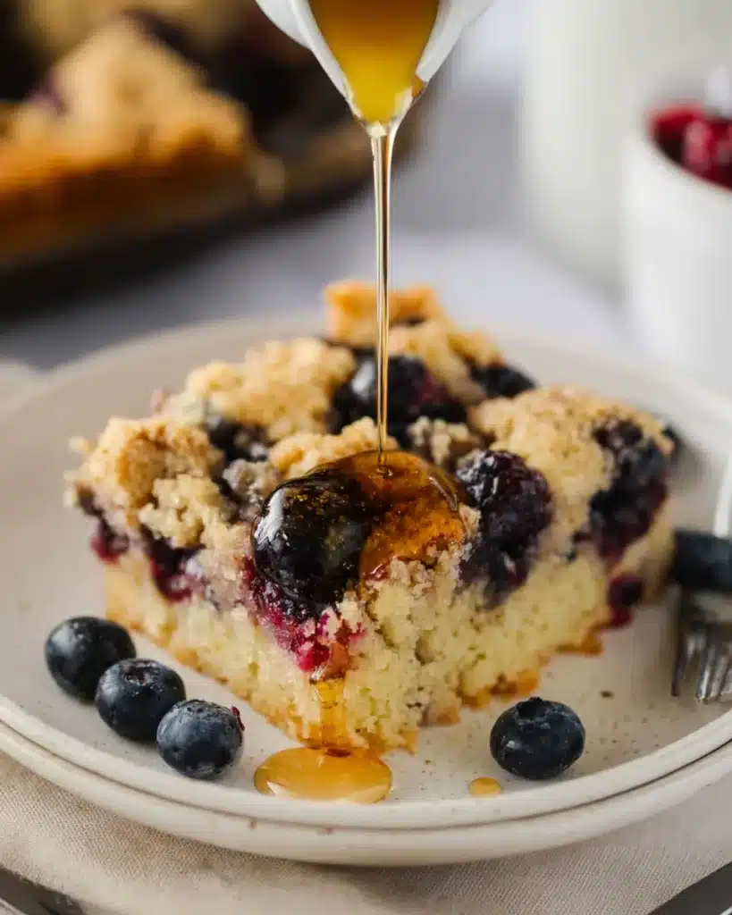 Slice of Blueberry Buttermilk Pancake Casserole with syrup drizzle on a ceramic plate, showing juicy blueberries and a golden crumb topping.