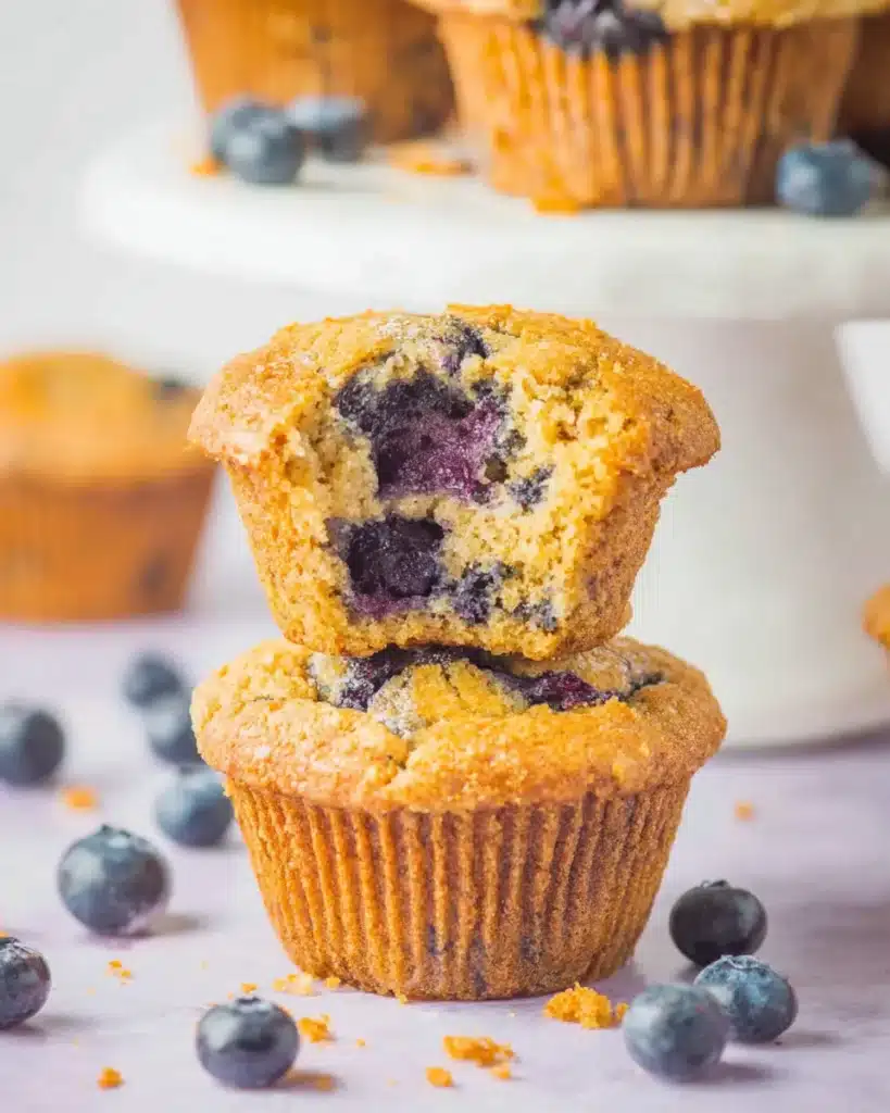 Blueberry Cottage Cheese Muffins stacked with one bitten open, showing a moist, fluffy crumb and juicy baked blueberries on a light surface with scattered crumbs