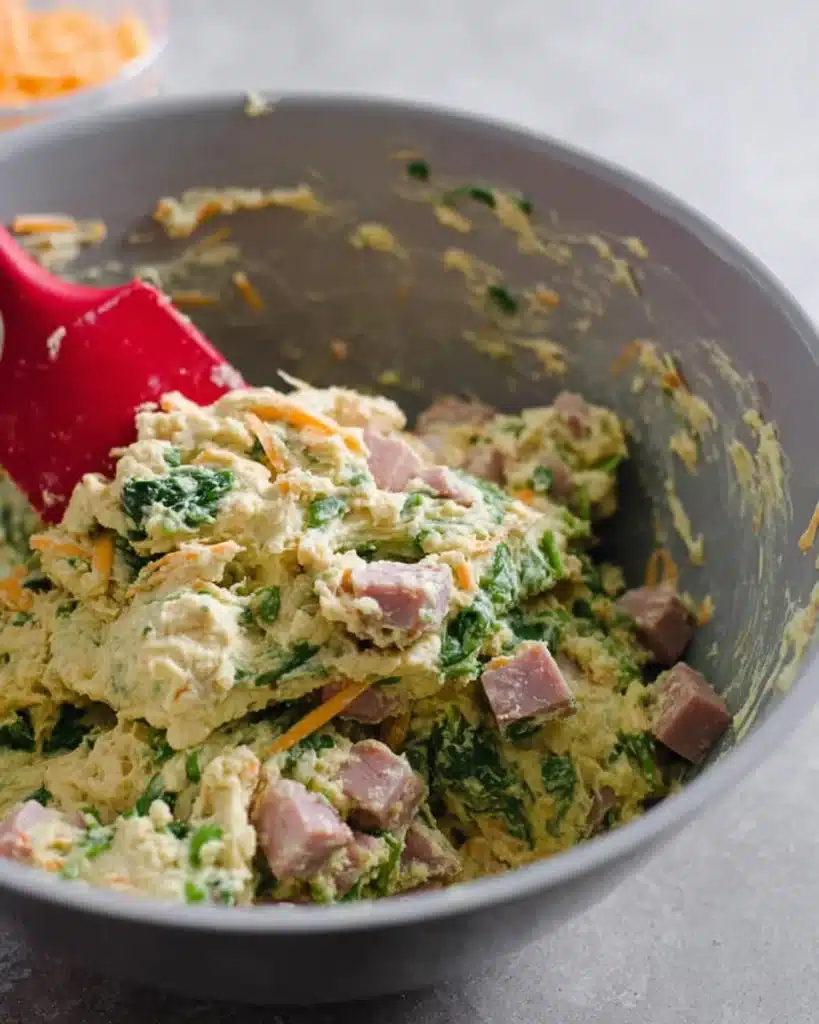 Breakfast Protein Biscuits dough with ham, spinach, and cheese in mixing bowl