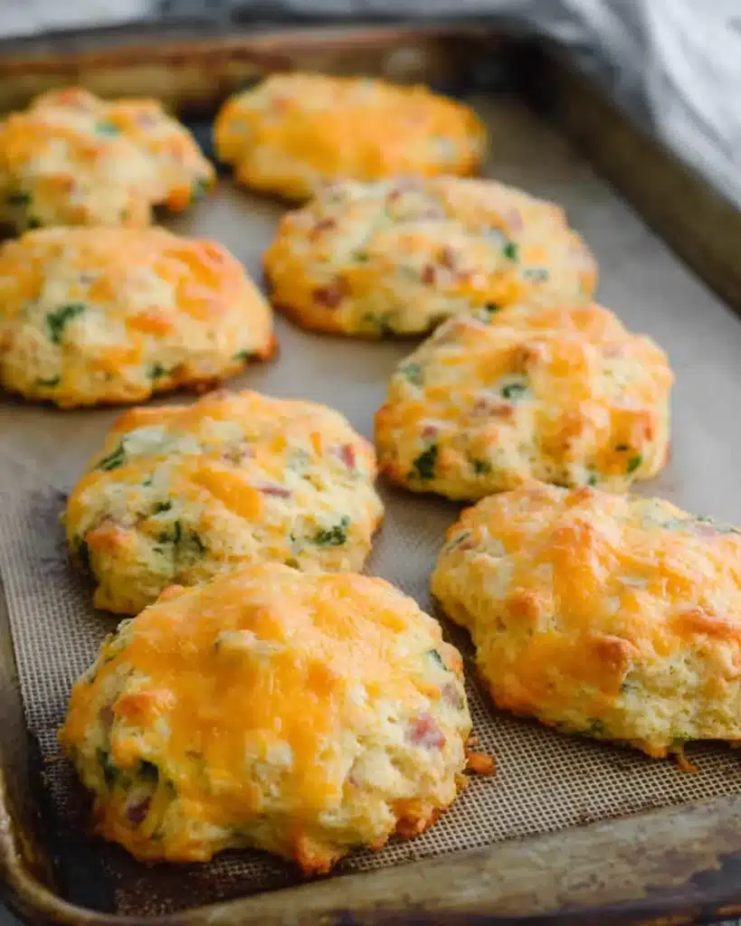 Tray of freshly baked Breakfast Protein Biscuits with melted cheese