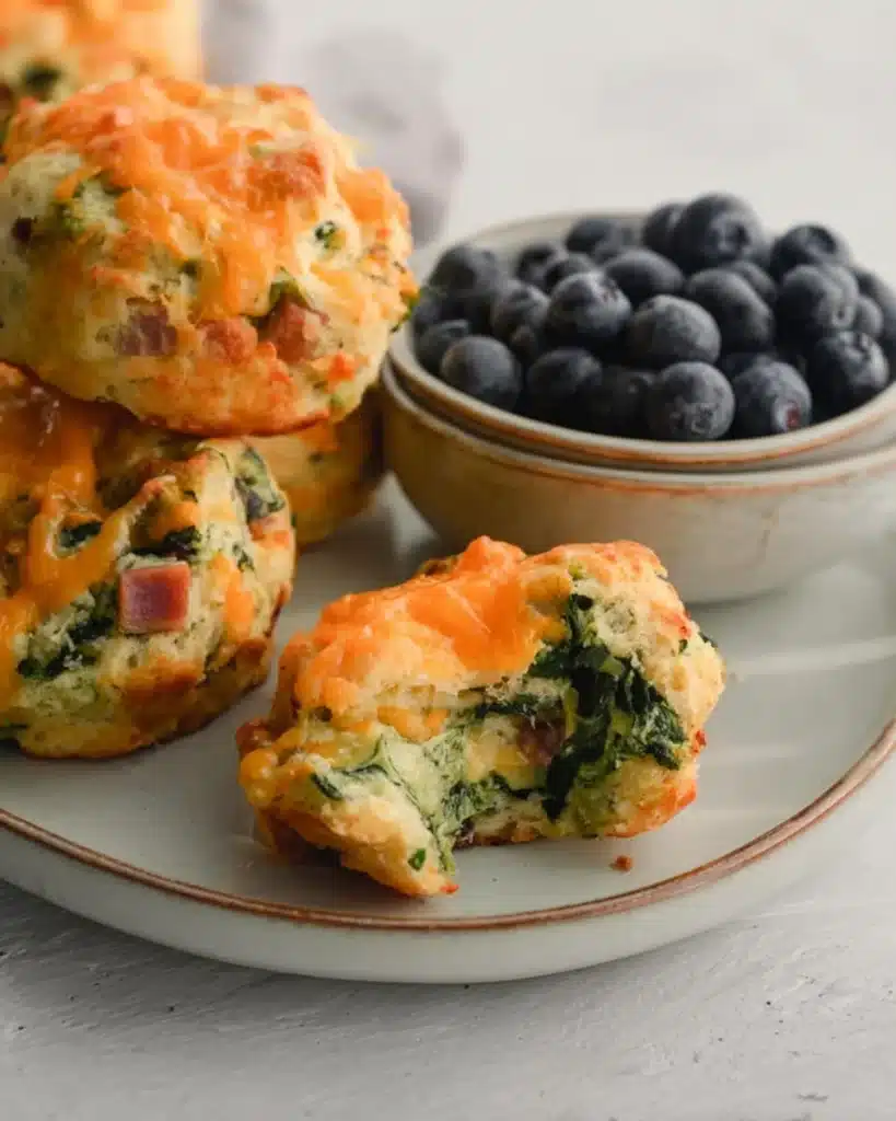 Breakfast Protein Biscuit cut in half showing fluffy inside with ham and spinach