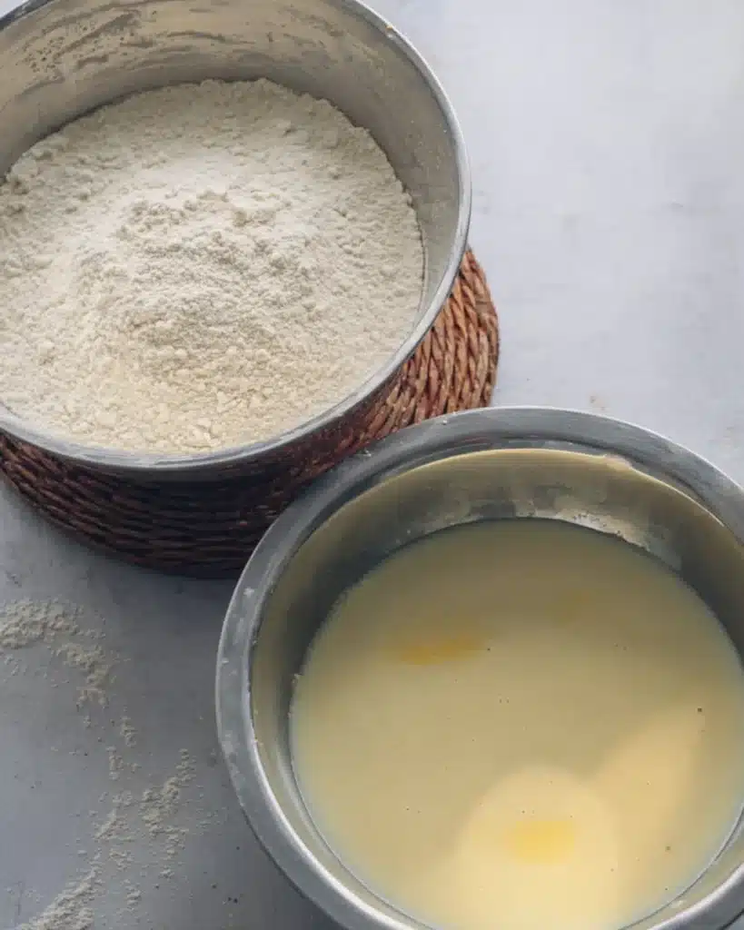 Wet and dry ingredients in bowls for Breakfast Protein Biscuits Recipe