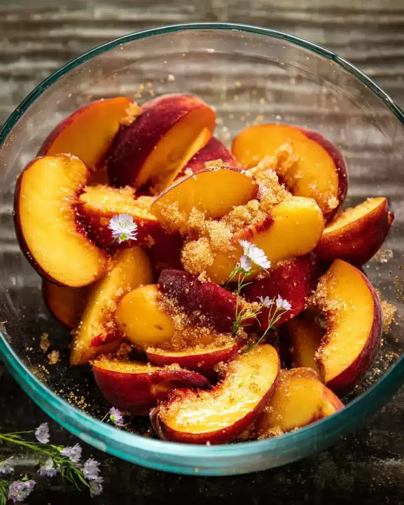 Peach slices with brown sugar in glass mixing bowl for cobbler