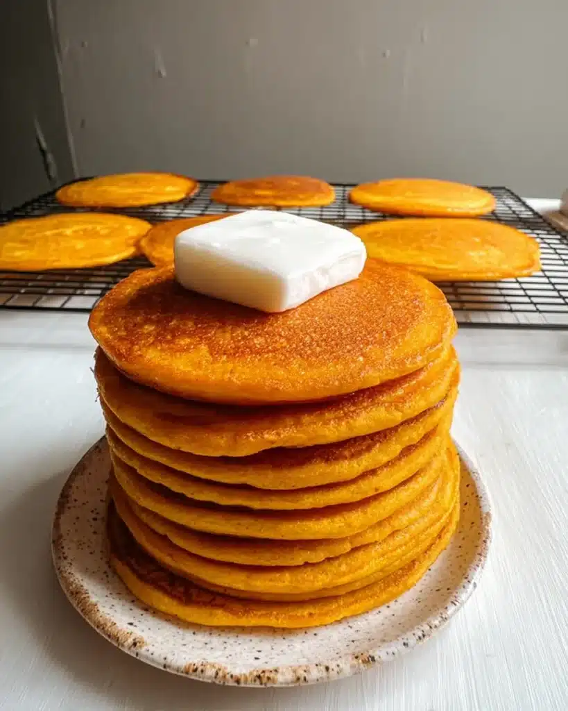 Golden stack of pumpkin cottage cheese pancakes topped with a square pat of butter, with extra pancakes cooling in the background.