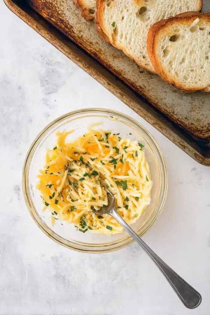 Egg and cheese toasts prep with shredded cheese, egg, and herbs in a glass bowl next to toasted bread on a rustic baking sheet