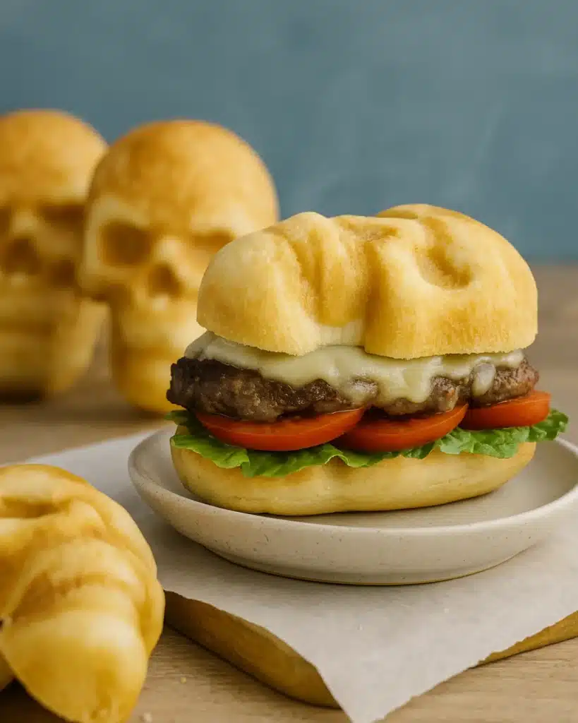 Cheeseburger Skulls burger on skull bun with melted cheese, lettuce, tomato, and extra skull buns