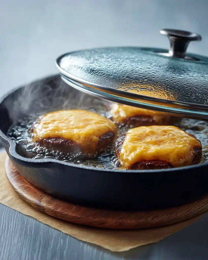 Cheeseburger Skulls patties melting under a steamy glass lid in cast-iron skillet