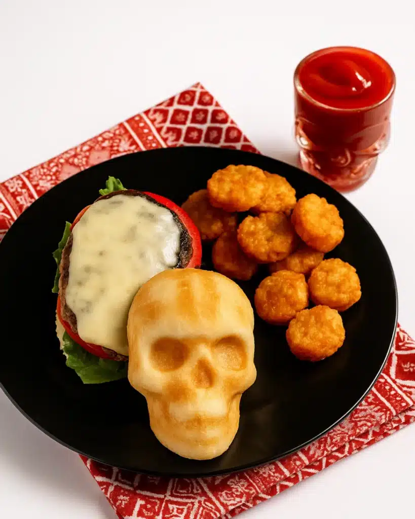 Cheeseburger Skulls burger with melted cheese and tater tots on a plate, overhead Halloween photo