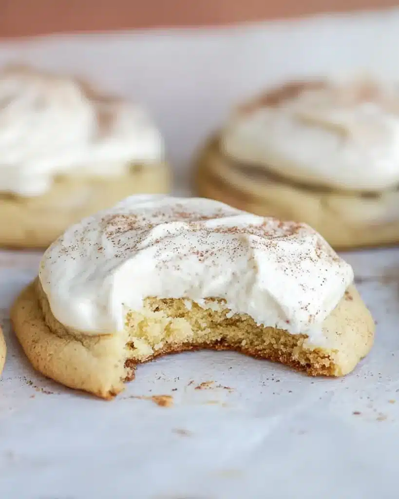 Bitten cinnamon roll cookie with cream cheese frosting and cinnamon dust