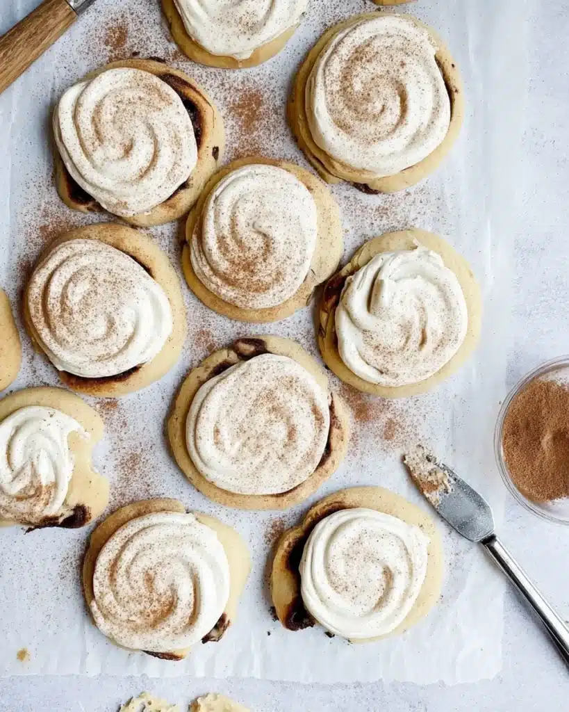 Cinnamon roll cookies with cream cheese frosting and cinnamon dust