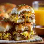 Close-up of cowboy breakfast slider stacked with eggs, sausage, bacon, and melted cheddar in a garlic herb butter roll.