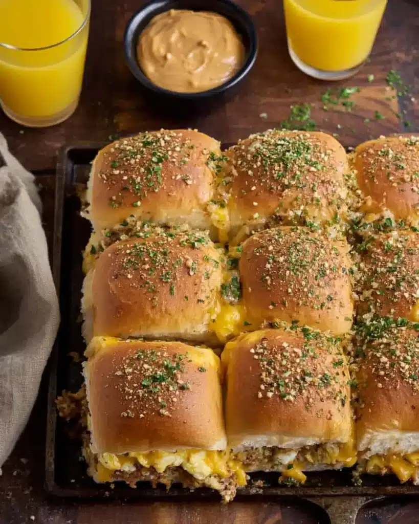 Overhead view of cheesy cowboy breakfast sliders topped with garlic herb butter on Hawaiian rolls, served with orange juice and cowboy butter.